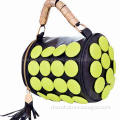 New Arrival Black Cylindrical Synthetic Leather Handbag with Bright Buttons, OEM Designs are Welcome